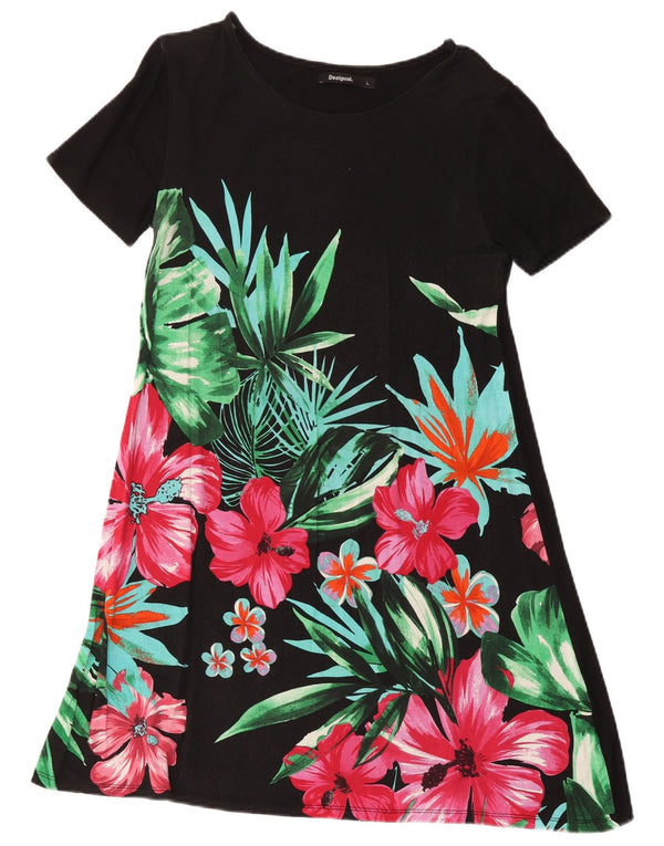 Desigual Vestido Acampanado para Mujer UK 44 Grande Negro Floral