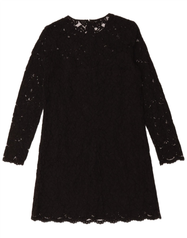 Vintage mujer manga larga cambio vestido Reino Unido 12 poliéster floral negro medio