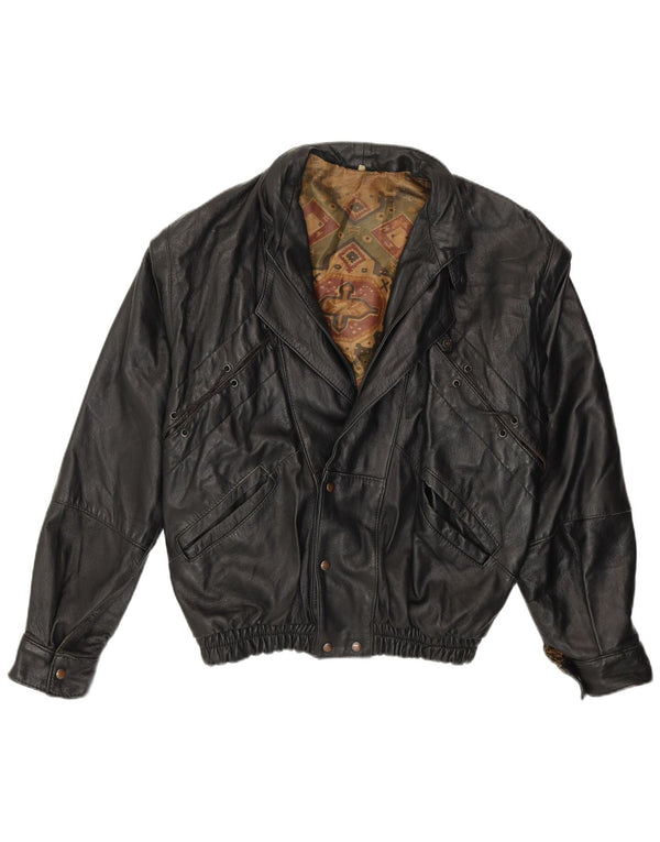 Vintage mujer suelta ajuste chaqueta de cuero Reino Unido 14 medio negro