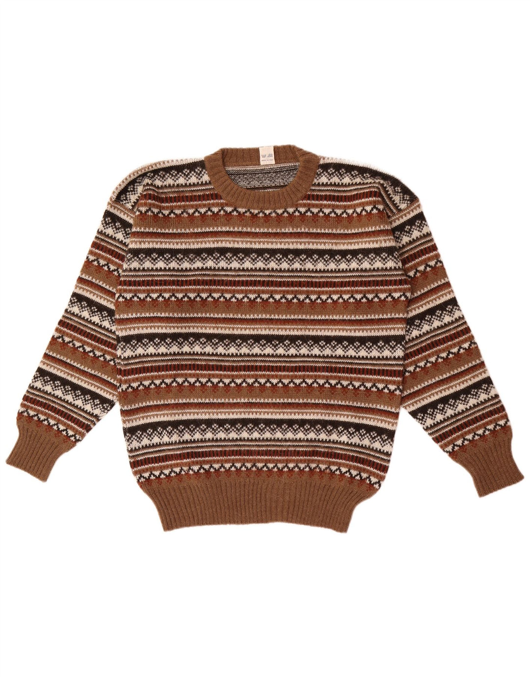 Vintage hombres cuello redondo jersey suéter IT 50 marrón medio Fair Isle