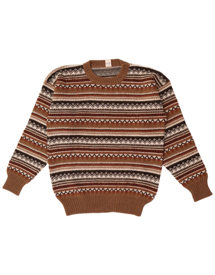 Vintage hombres cuello redondo jersey suéter IT 50 marrón medio Fair Isle
