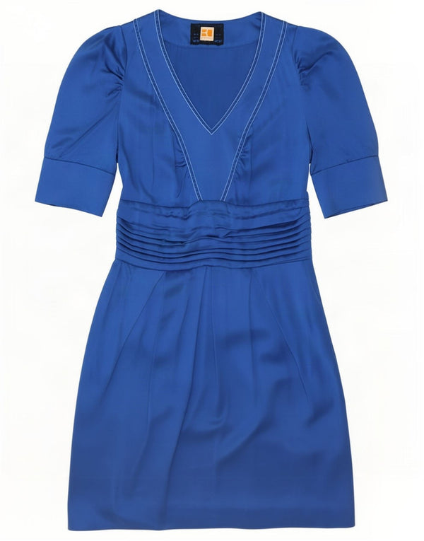 Hugo Boss Vestido tubo de manga 3/4 para mujer UK 8 Small Seda azul