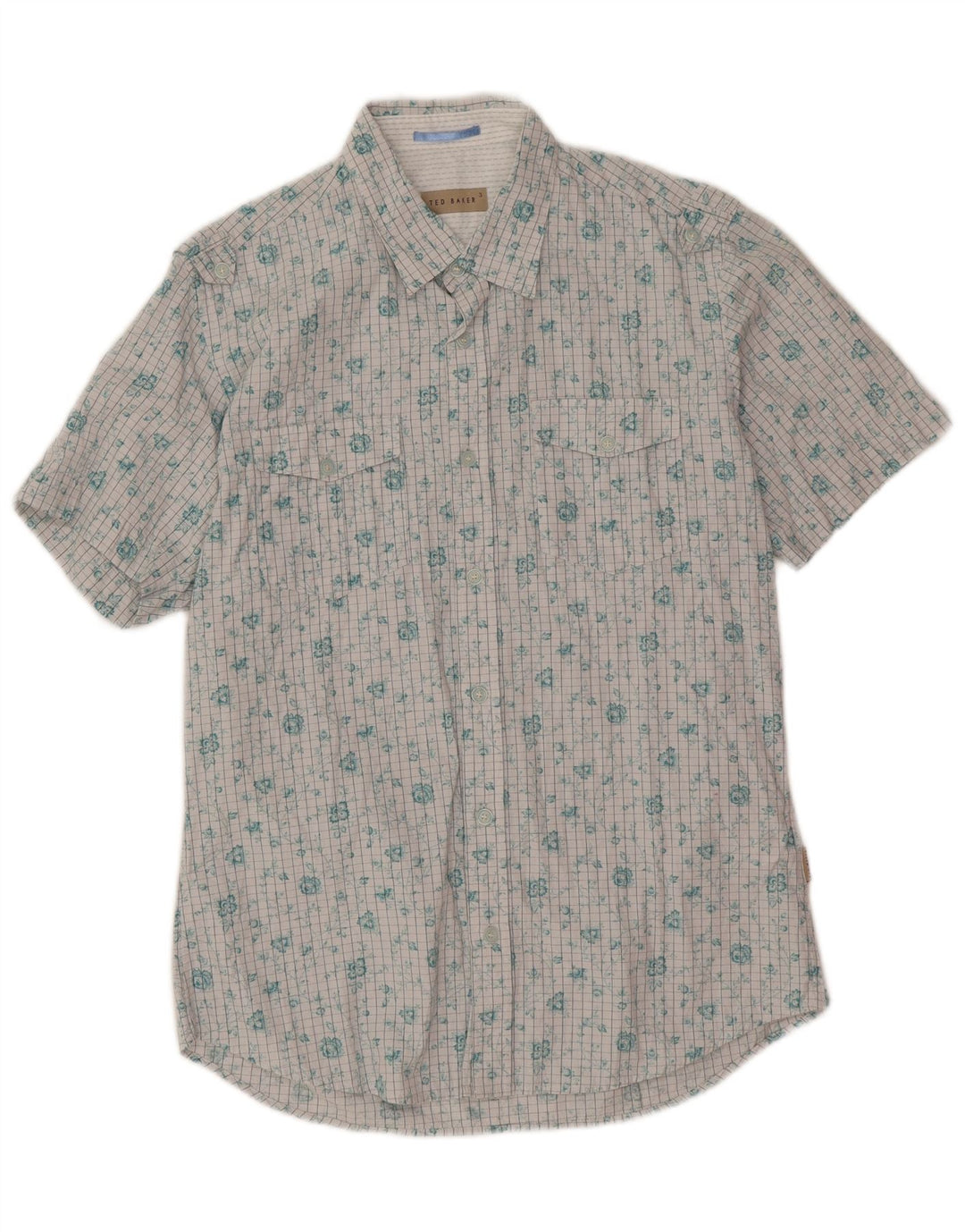 Ted Baker Camisa de manga corta para hombre Talla 3 Mediana Algodón floral blanco