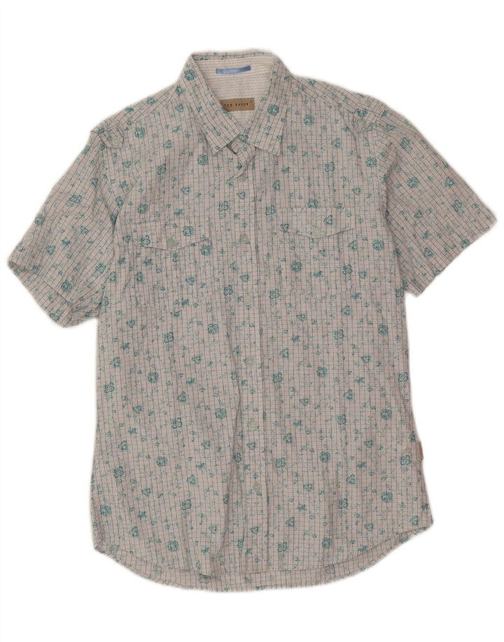 Ted Baker Camisa de manga corta para hombre Talla 3 Mediana Algodón floral blanco