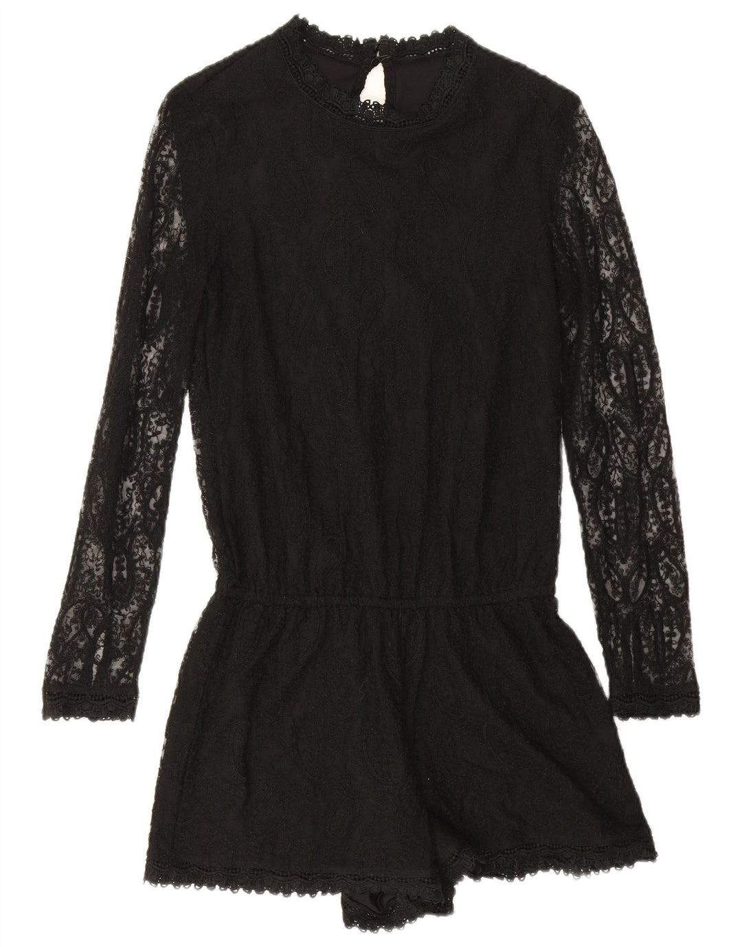 Zara Mujer Mono Corto De Manga Larga UK 10 Small Black Paisley Poliéster