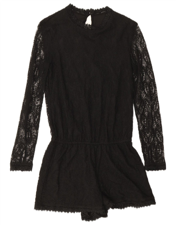 Zara Mujer Mono Corto De Manga Larga UK 10 Small Black Paisley Poliéster