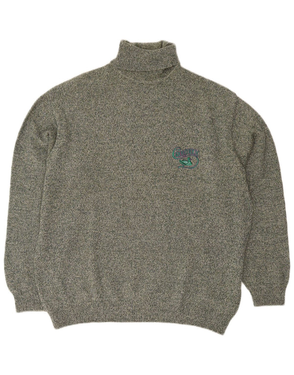 Vintage hombres rollo cuello jersey suéter XL verde moteado lana retro