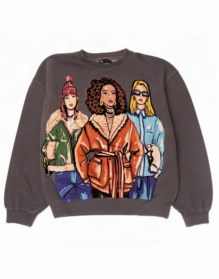 Zara Mujer Gráfico Sudadera De Gran Tamaño Jersey Reino Unido 10 Pequeño Algodón Gris