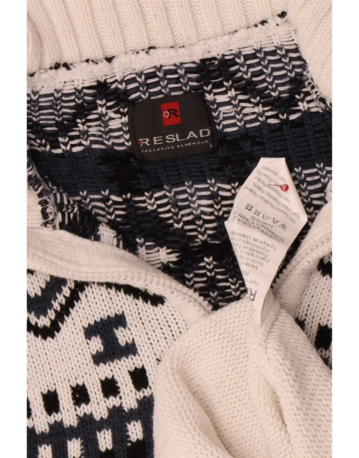 Vintage hombres zip cuello jumper suéter grande blanco geométrico poliacrílico