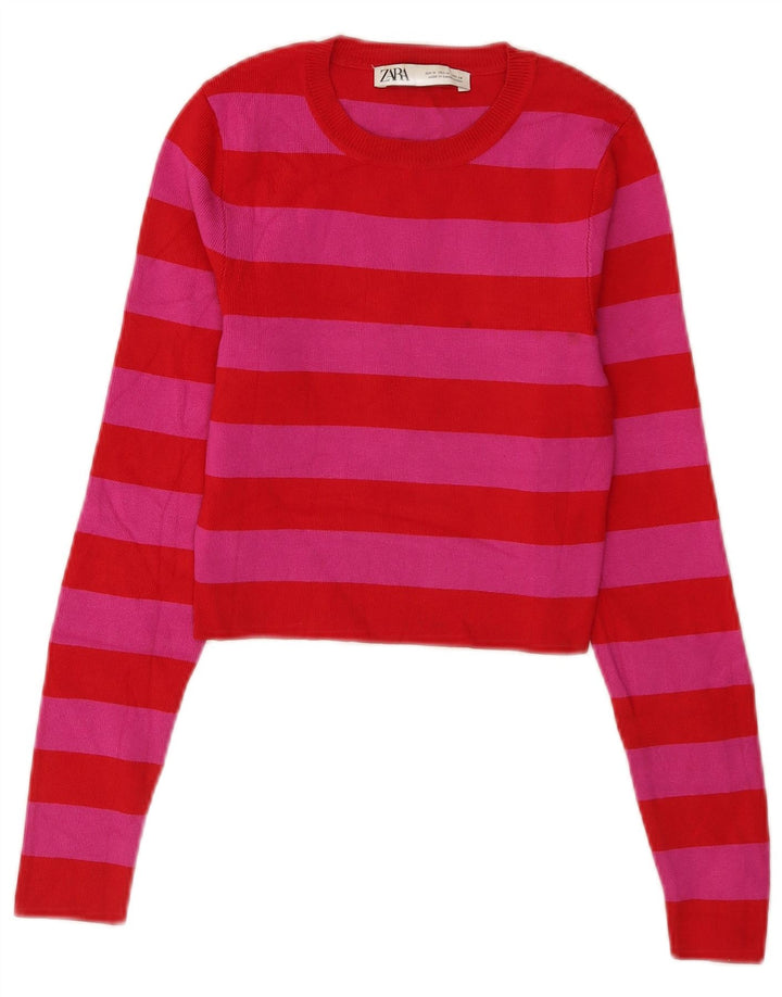 Zara Mujer Crop Top Manga Larga UK 42 Viscosa Rayas Roja Mediana