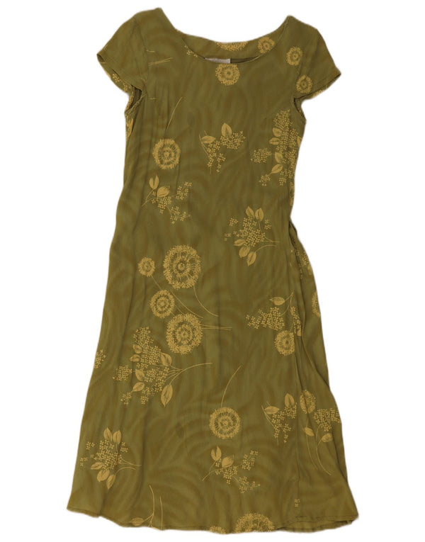 Vintage mujer A-Line vestido Reino Unido 14 grande caqui floral viscosa