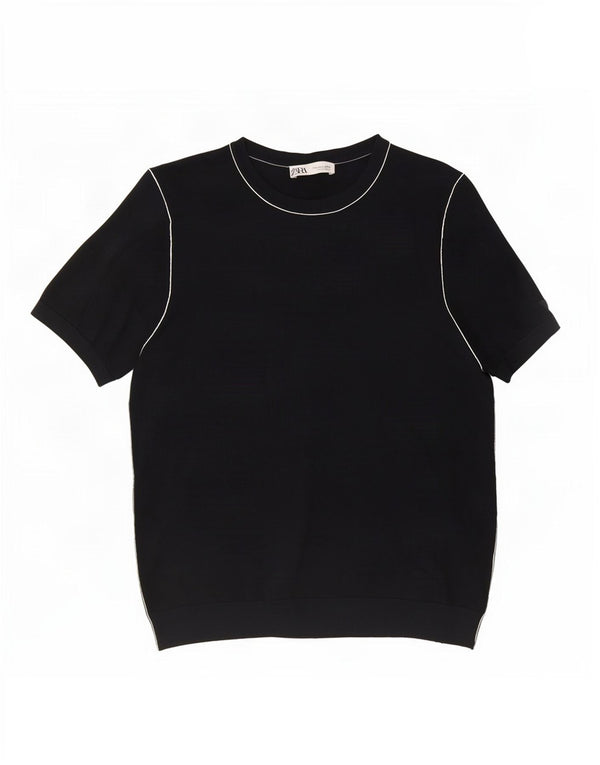 Zara Mujer Jersey De Manga Corta Con Cuello Barco UK 40 XL Azul Marino