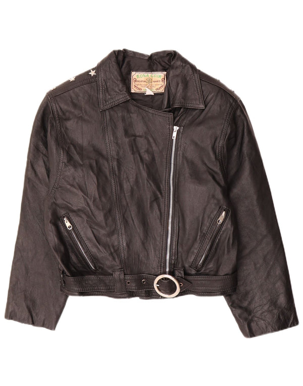 Vintage mujer crop cuero biker chaqueta Reino Unido 12 cuero negro medio