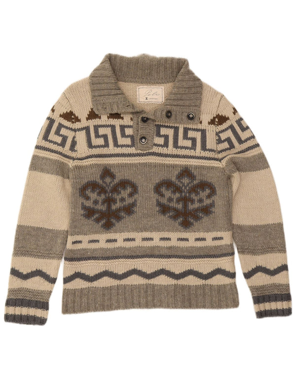 Vintage hombres botón cuello jersey suéter IT 50 gris medio Fair Isle
