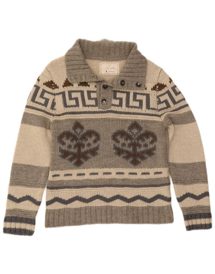 Vintage hombres botón cuello jersey suéter IT 50 gris medio Fair Isle