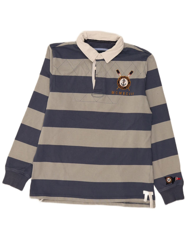 CREW CLOTHING Polo de rugby de manga larga con gráfico para hombre, tamaño grande, gris, a rayas