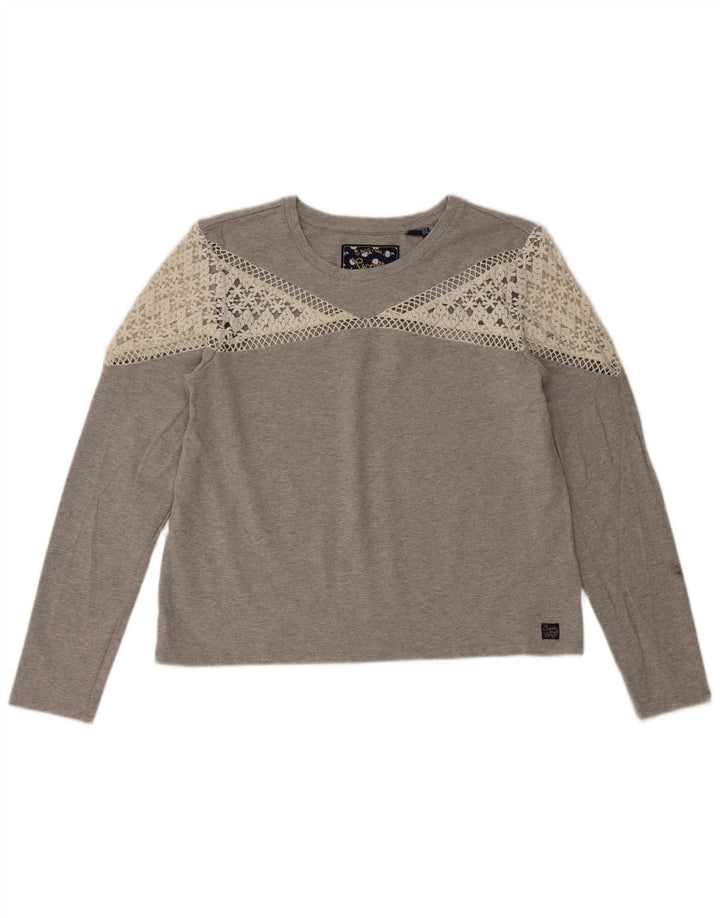 Superdry Mujer Top Manga Larga UK 42 Algodón Gris Medio