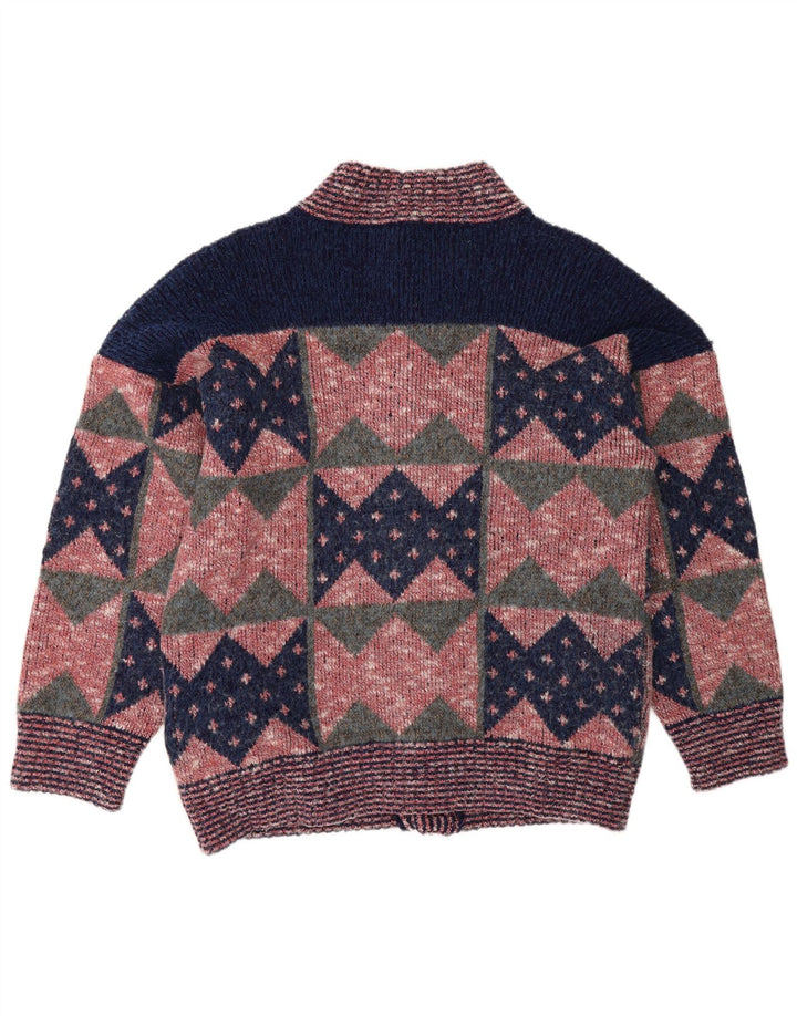 Vintage hombres Cardigan suéter medio rosa geométrico