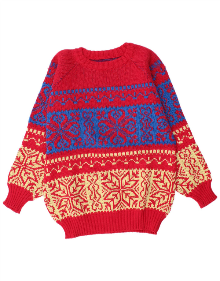 Vintage hombres barco cuello jumper suéter medio rojo Fair Isle