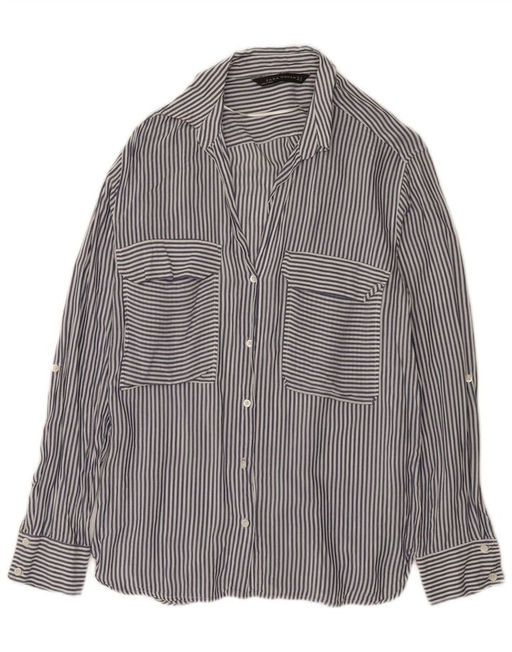 Zara Camisa Mujer UK 40 Mediano Azul Marino Rayas Pintadas