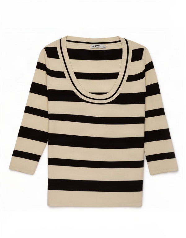 Zara Mujer Top Manga 3/4 UK 44 Grande Poliamida A Rayas Blancas