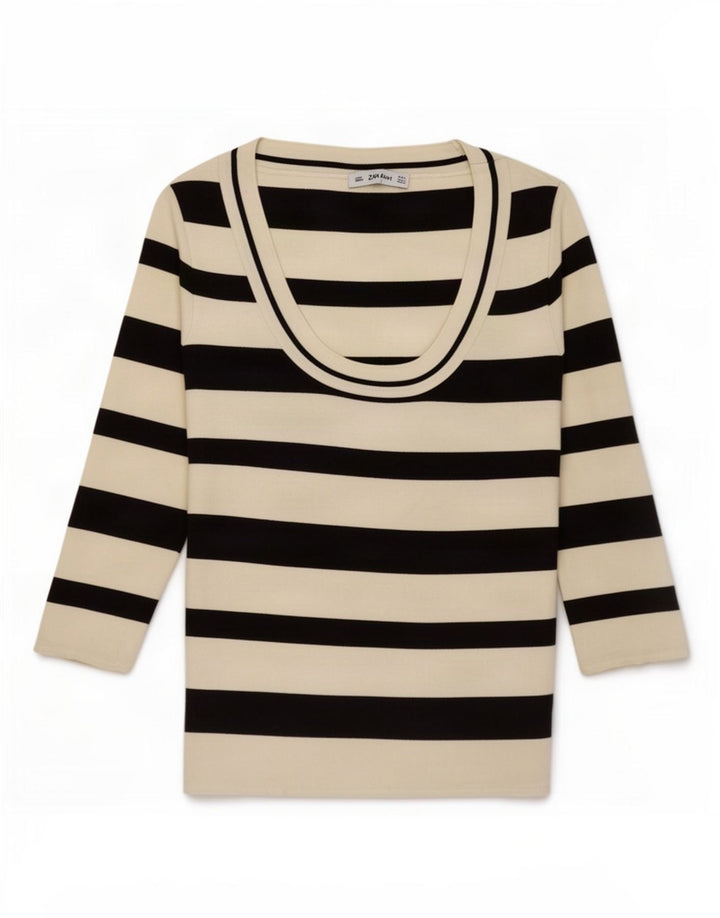 Zara Mujer Top Manga 3/4 UK 44 Grande Poliamida A Rayas Blancas