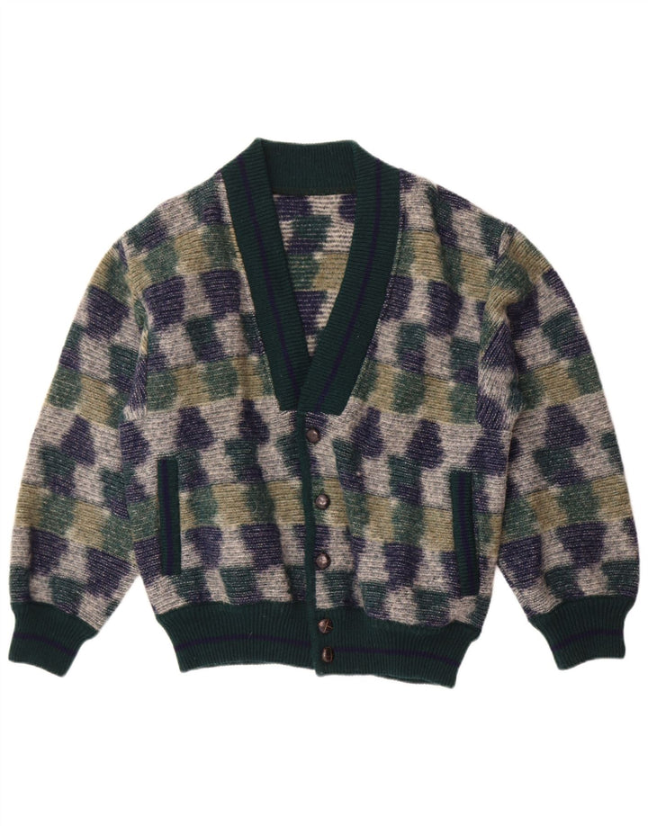 Vintage hombres Cardigan suéter medio verde geométrico