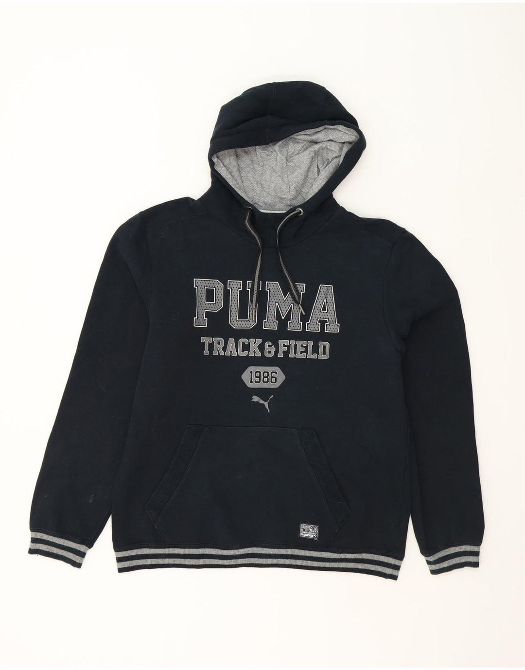 PUMA Mens Graphic Hoodie Jumper Medium Navy Blue Cotton Vintage Puma and Second-Hand Puma from Messina Hembry 