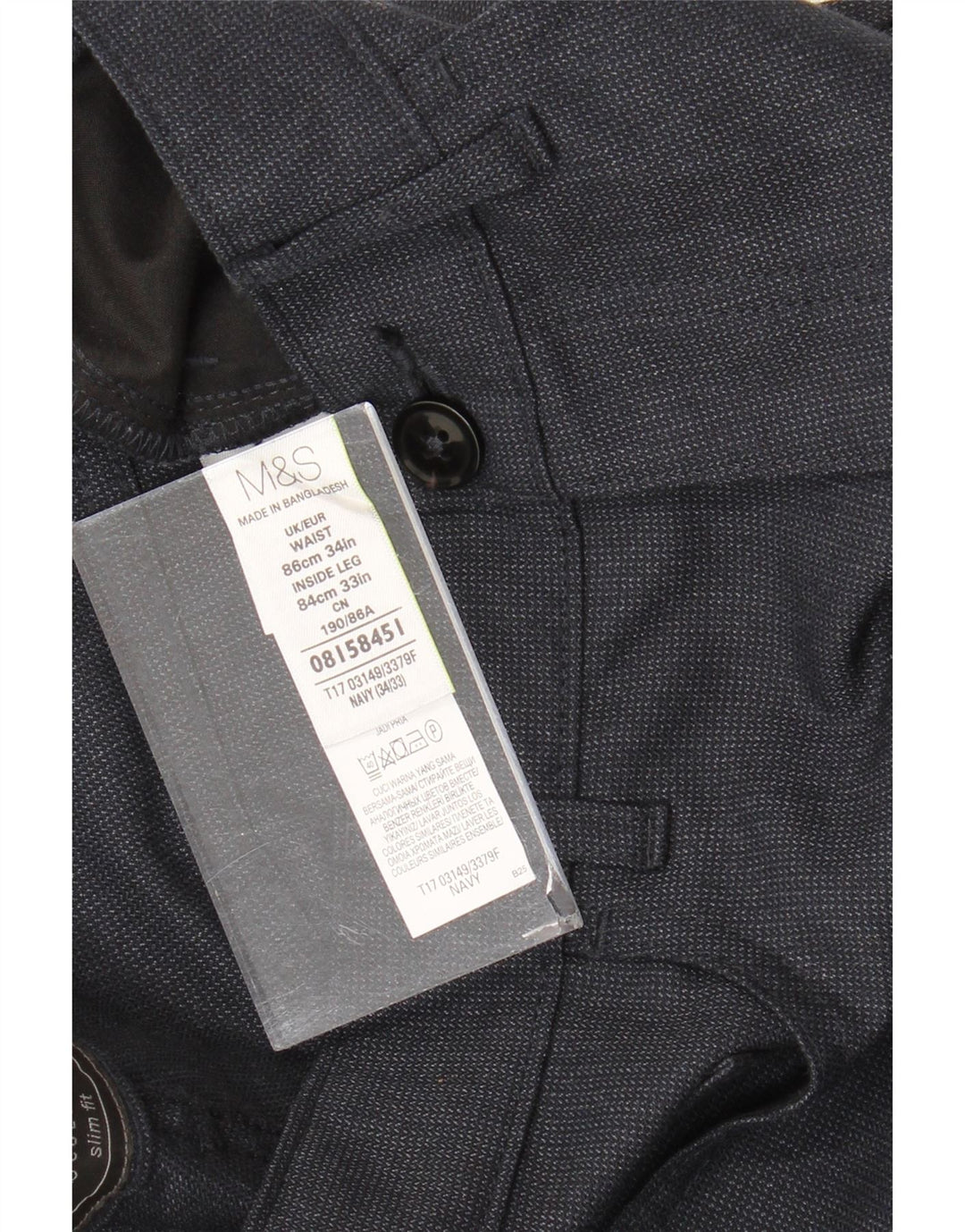 Marks & Spencer Pantalón de traje recto para hombre W34 L33 Poliéster azul marino