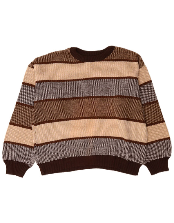 Vintage hombres cuello redondo jersey suéter XL marrón rayas