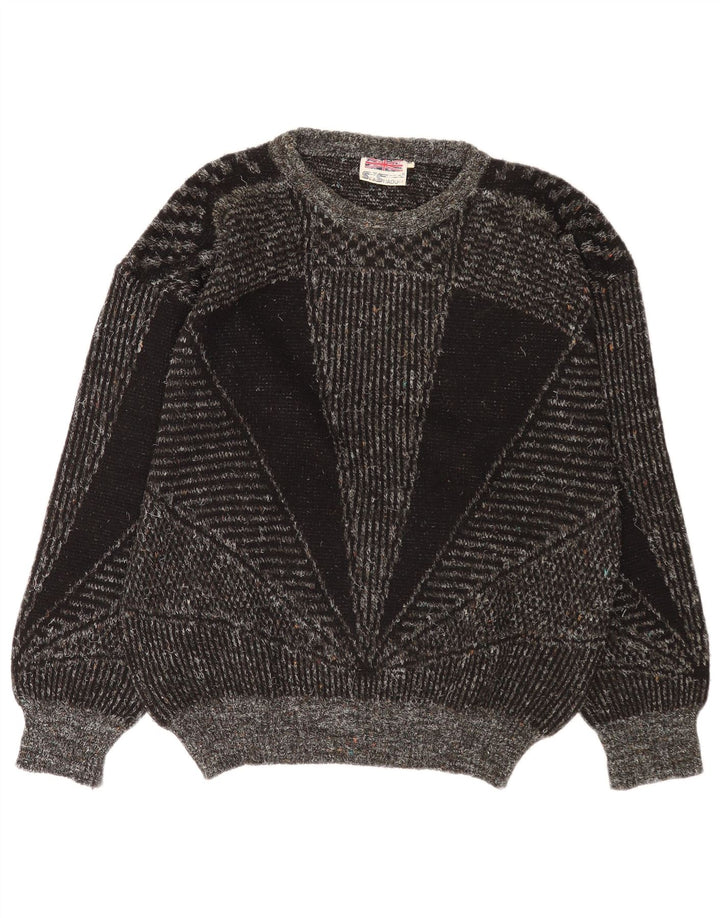 Vintage hombres barco cuello jumper suéter gris medio lana geométrica