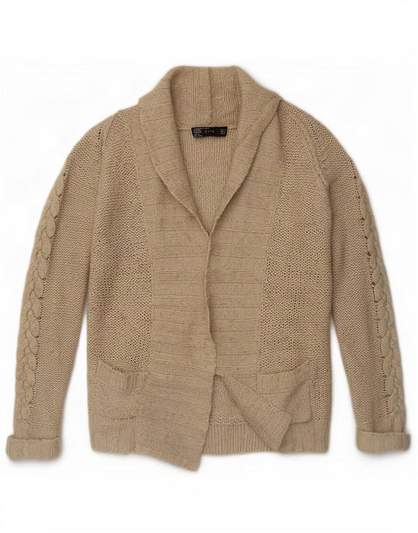 Zara Mujer Cárdigan Abierto Suéter UK 10 Small Beige Nylon