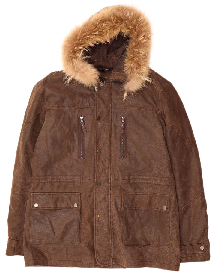 Conbipel Abrigo De Cuero Con Capucha Para Hombre IT 54 XL Cuero Marrón