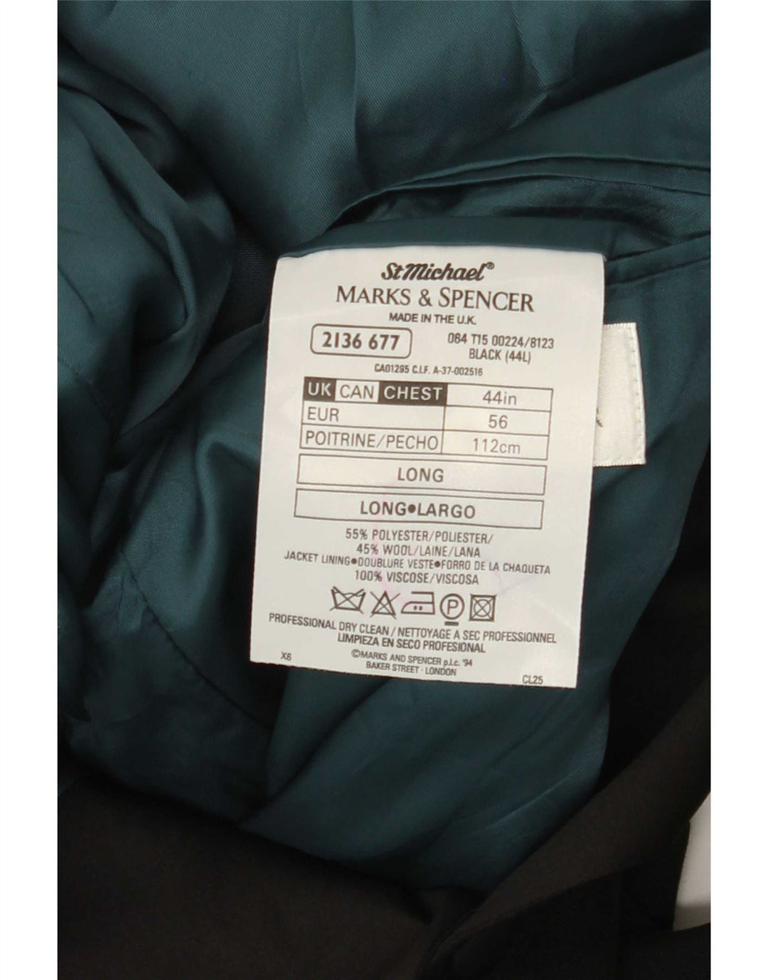 Marks & Spencer Chaqueta tipo blazer larga con 2 botones para hombre UK 44 XL Poliéster negro