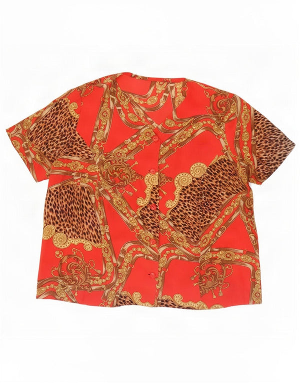 Blusa estilo camisa de manga corta con estampado abstracto vintage para mujer UK 46 Large Red