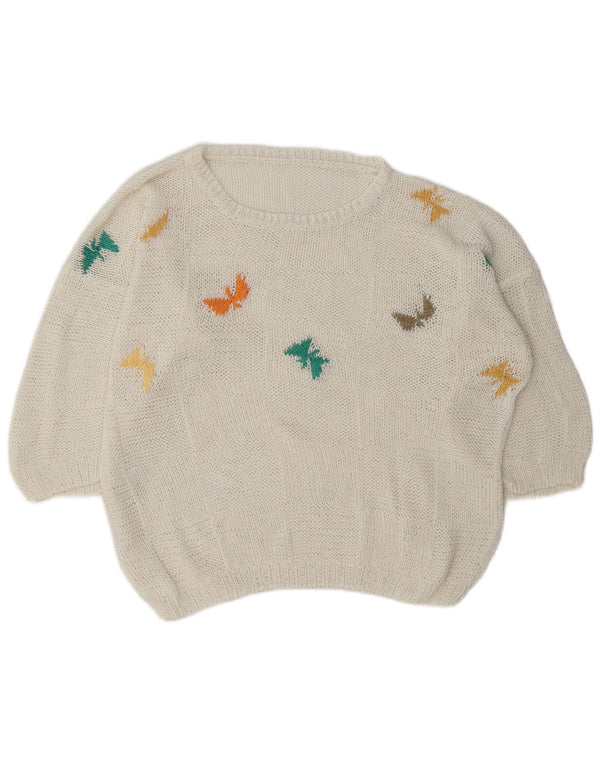 Vintage mujer gráfico barco cuello jersey suéter Reino Unido 18 XL mariposa blanca