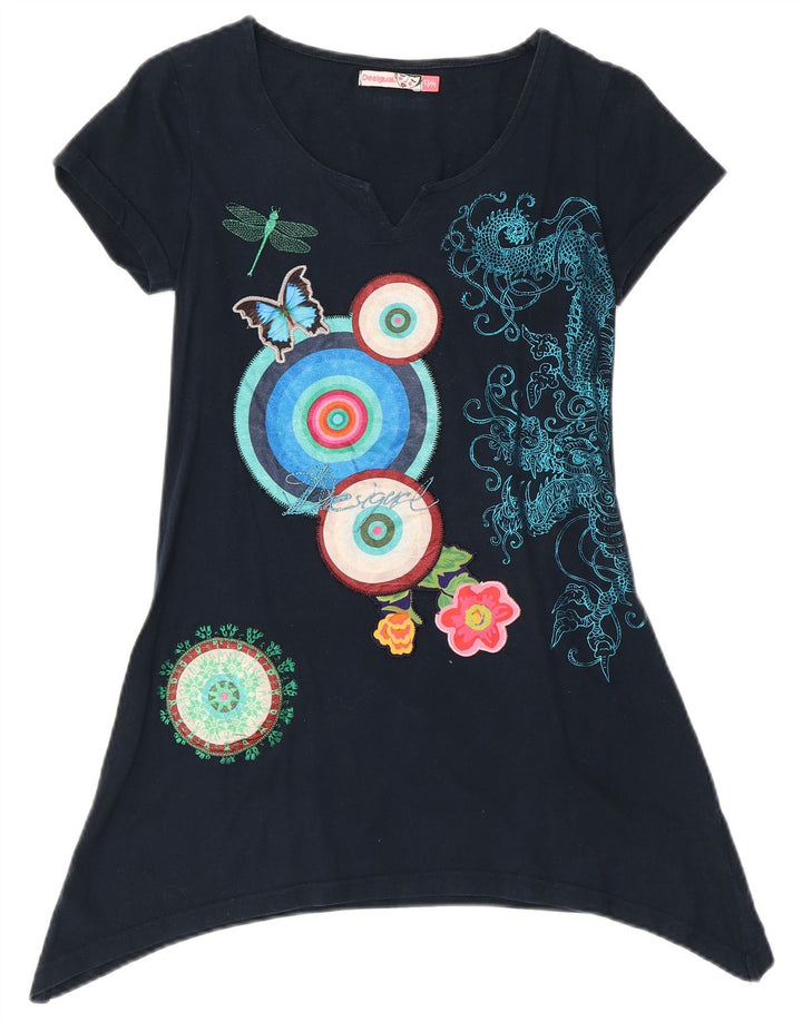 DESIGUAL Top tipo túnica asimétrico con gráfico para niña 13-14 años Azul marino floral