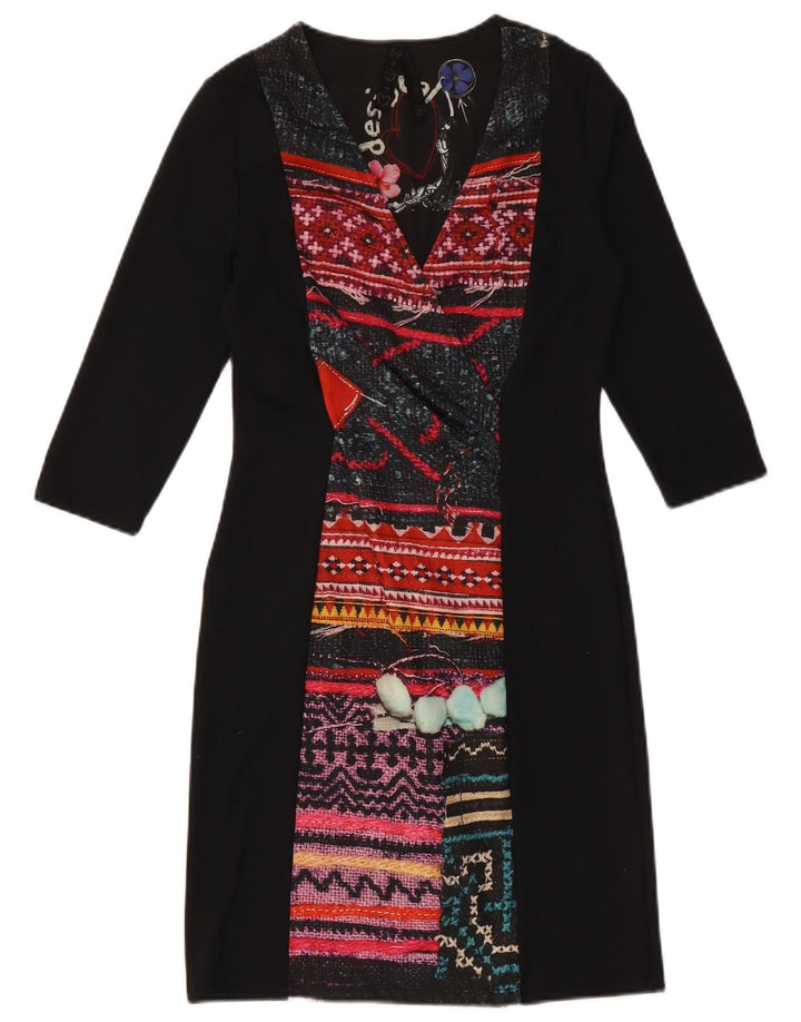 DESIGUAL Vestido tubo de manga 3/4 para mujer UK 40 Pequeño Negro Geométrico