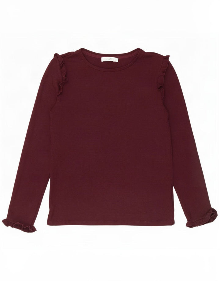 Oasis Top con volantes en la parte delantera para mujer, manga larga, talla 40, talla pequeña, viscosa burdeos