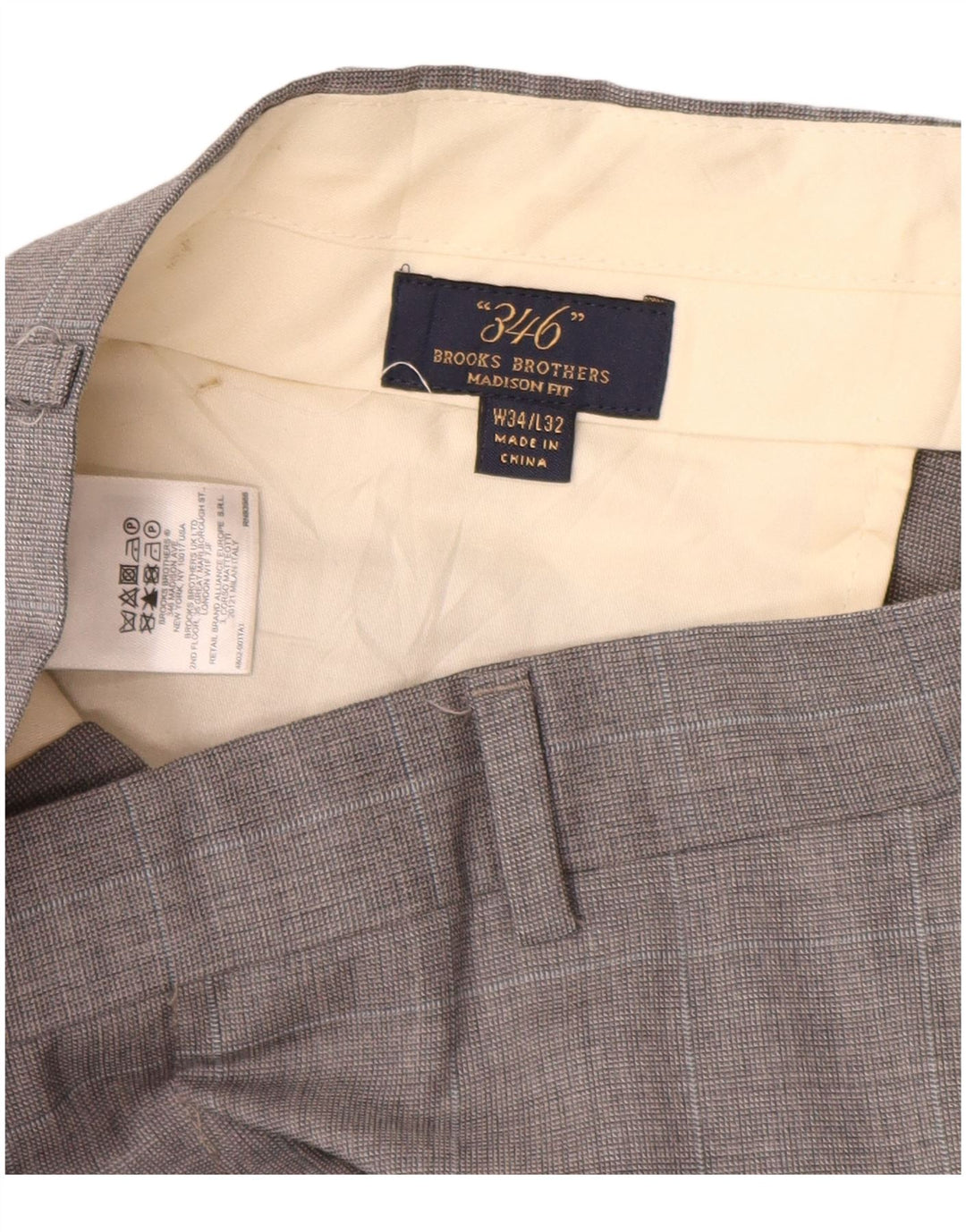 BROOKS BROTHERS Mens 346 Straight Suit Trousers W34 L32 Grey Check Wool