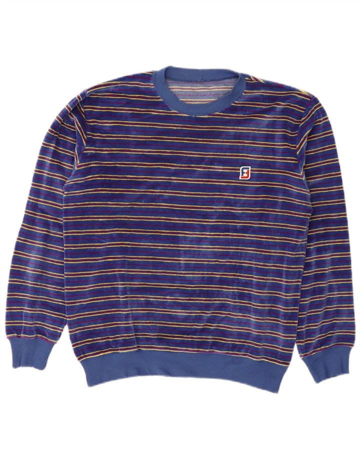Vintage hombres Velour sudadera Jumper pequeño azul rayas