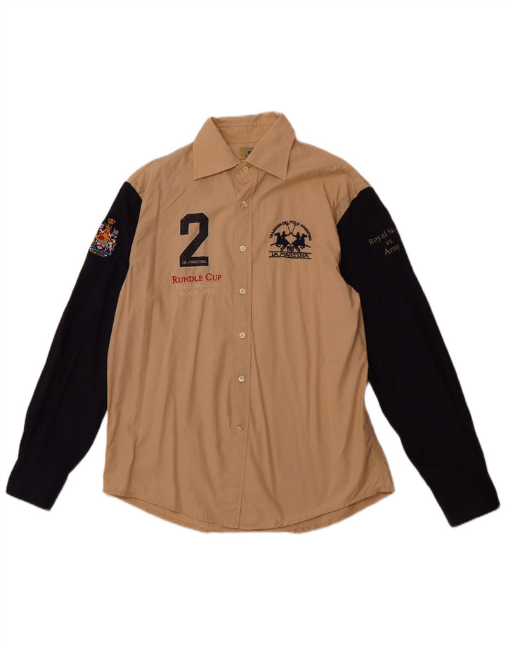 LA MARTINA Camisa estampada azul marino XL para hombre Algodón color block beige