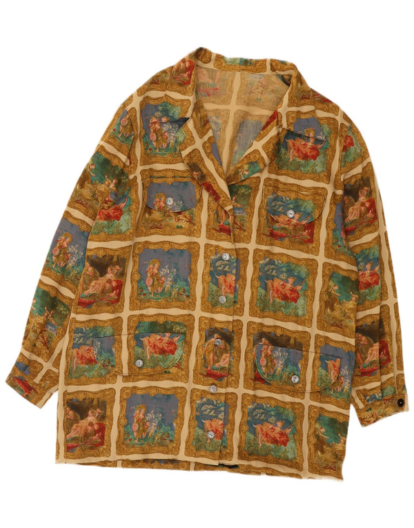 Vintage mujer camisa gráfica blusa Reino Unido 18 XL Khaki Patchwork