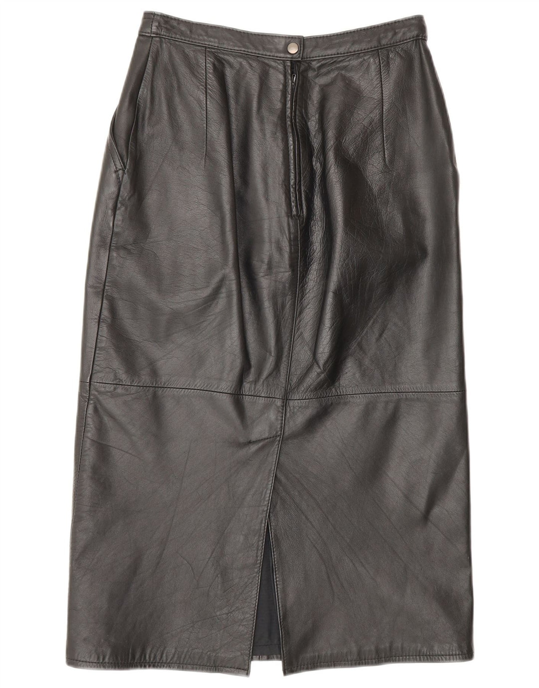 VINTAGE Falda de cuero para mujer Reino Unido 10 Pequeño W26 Cuero Negro