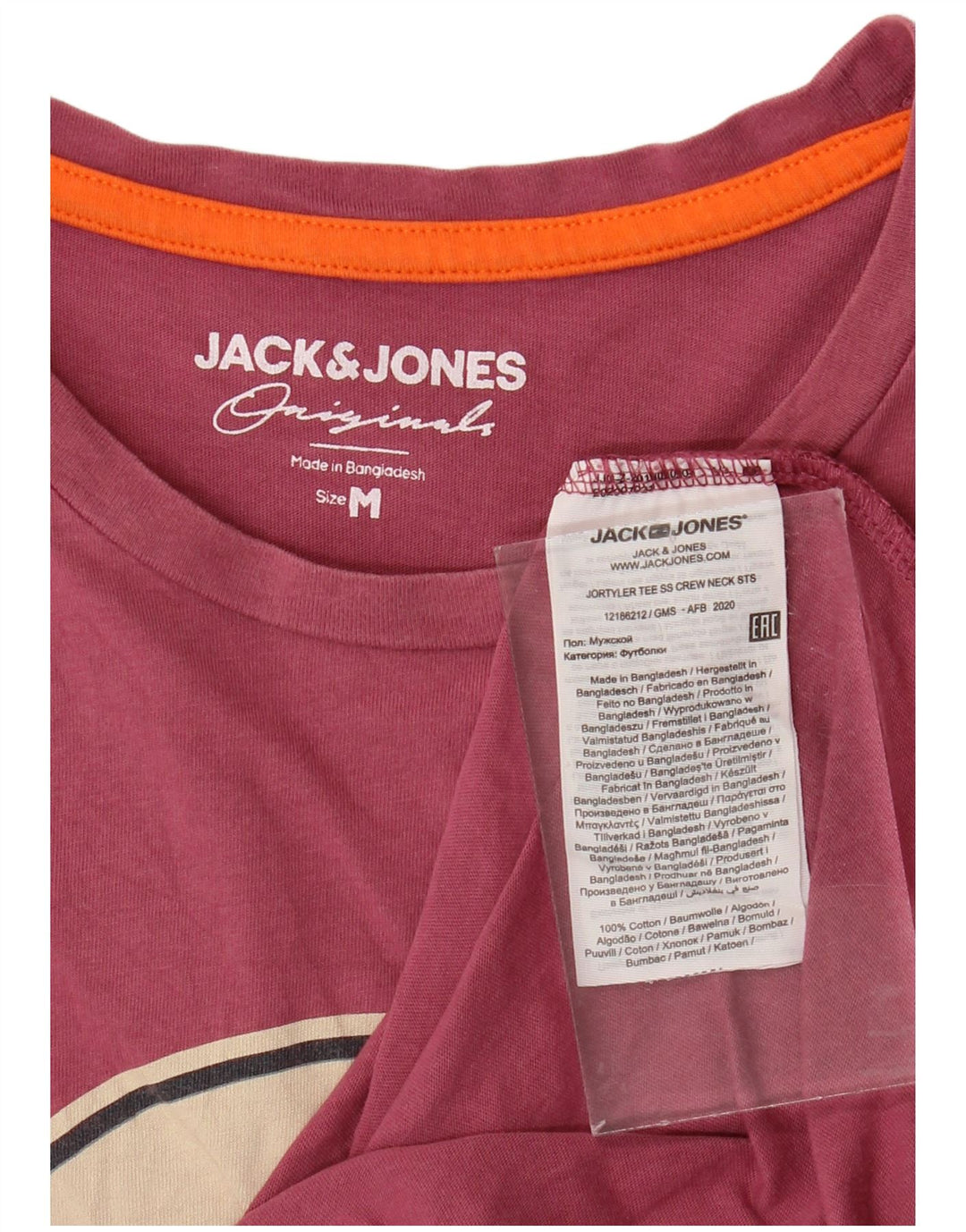 JACK & JONES Hombre Camiseta Gráfica Top Medium Borgoña Algodón