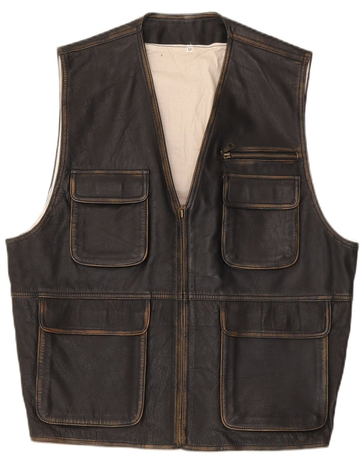 Vintage hombres cuero utilitario gilet Reino Unido 38 medio negro