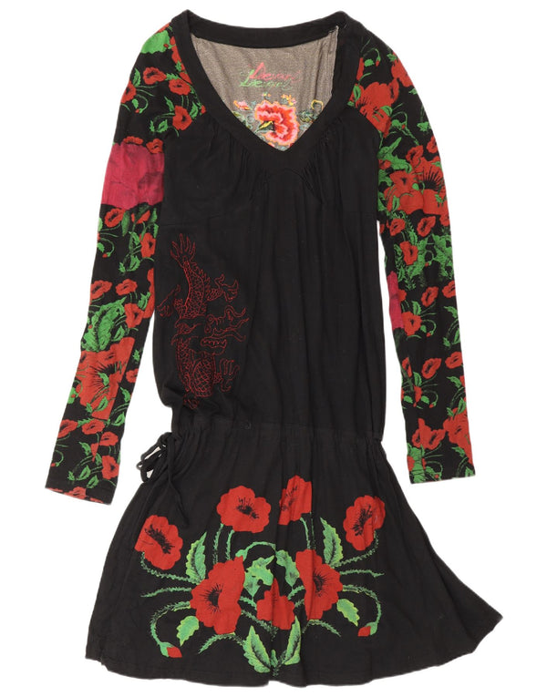 Desigual Vestido De Cintura Caída Para Mujer UK 40 XL Algodón Floral Negro