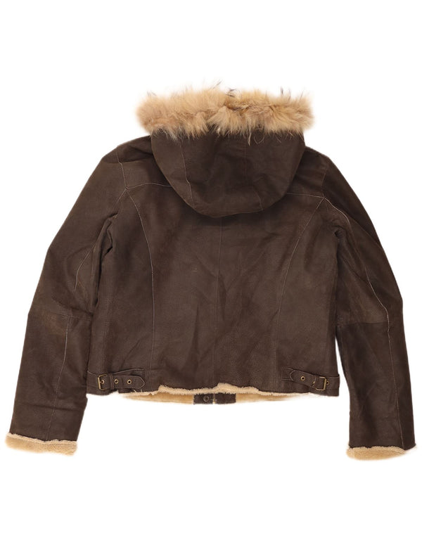 Bata and More Chaqueta de piel de oveja con capucha para mujer IT 46 Large Brown Leather