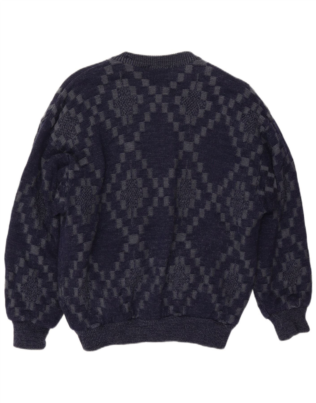 VINTAGE Hombres Cardigan Suéter Grande Azul Marino Geométrico Viscosa