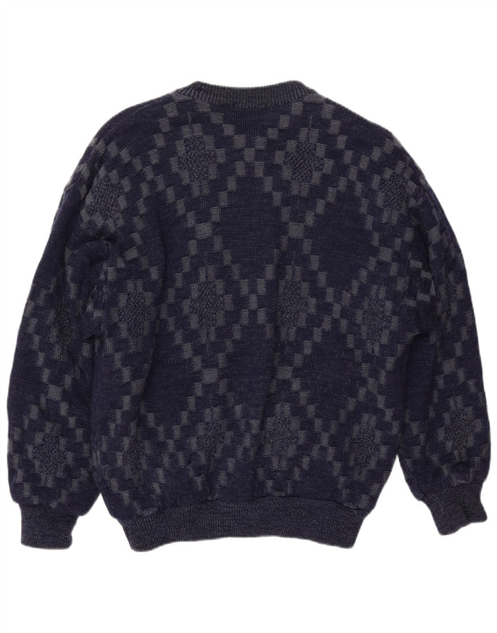 VINTAGE Hombres Cardigan Suéter Grande Azul Marino Geométrico Viscosa